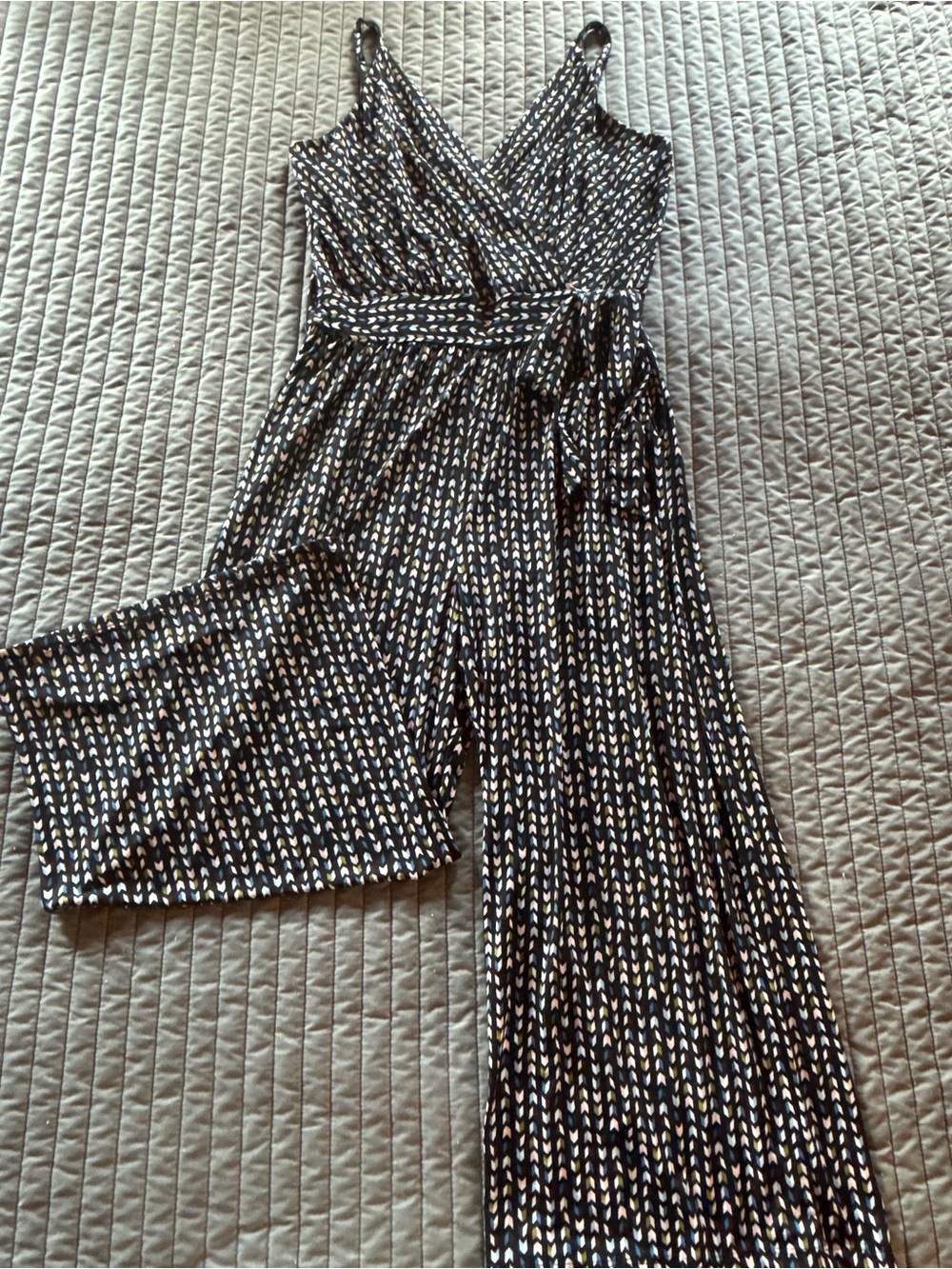 Kaileigh Black Jumpsuit with White and Tan Chevron Dot Print